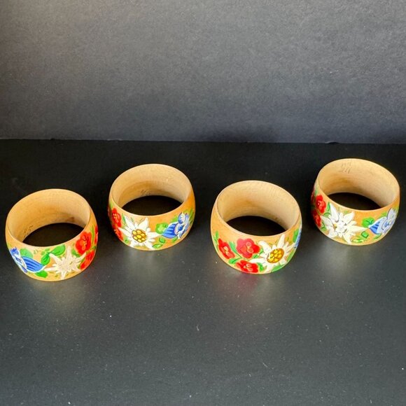 Vintage Boho Hand-Painted Wooden Napkin Ring With Floral Design Set Of 4 Rustic - Picture 2 of 10